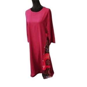 Womens Long Sleeve Maxi Dress Geometric Print‎ Side Panel Buttons Burgundy